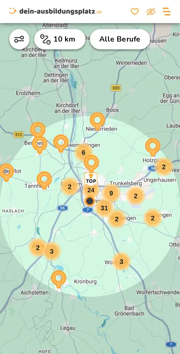 Karte von dein-ausbildungsplatz.de: Ausbildungsbetriebe im Umkreis von 10 km um 87700 Memmingen