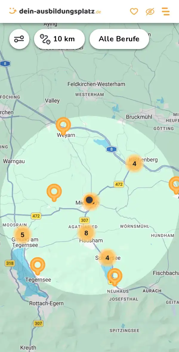 Karte von dein-ausbildungsplatz.de: Ausbildungsbetriebe im Umkreis von 10 km um 83714 Miesbach