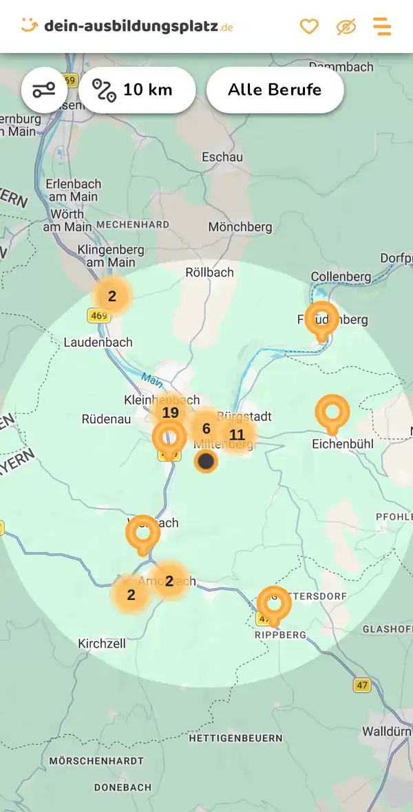Karte von dein-ausbildungsplatz.de: Ausbildungsbetriebe im Umkreis von 10 km um 63897 Miltenberg