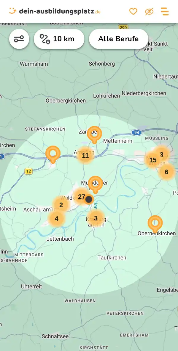 Karte von dein-ausbildungsplatz.de: Ausbildungsbetriebe im Umkreis von 10 km um 84478 Waldkraiburg