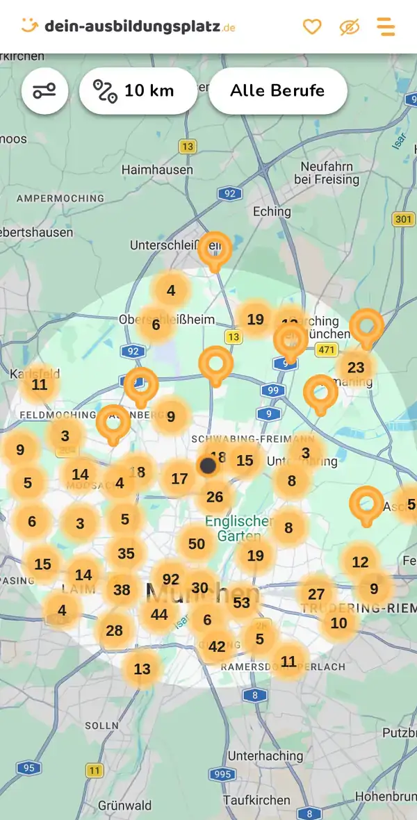 Karte von dein-ausbildungsplatz.de: Ausbildungsbetriebe im Umkreis von 10 km um 80807 München