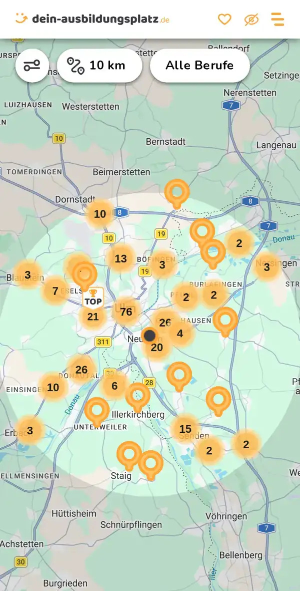 Karte von dein-ausbildungsplatz.de: Ausbildungsbetriebe im Umkreis von 10 km um 89231 Neu-Ulm