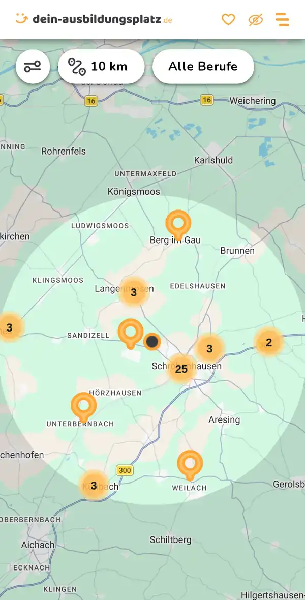 Karte von dein-ausbildungsplatz.de: Ausbildungsbetriebe im Umkreis von 10 km um 86529 Schrobenhausen