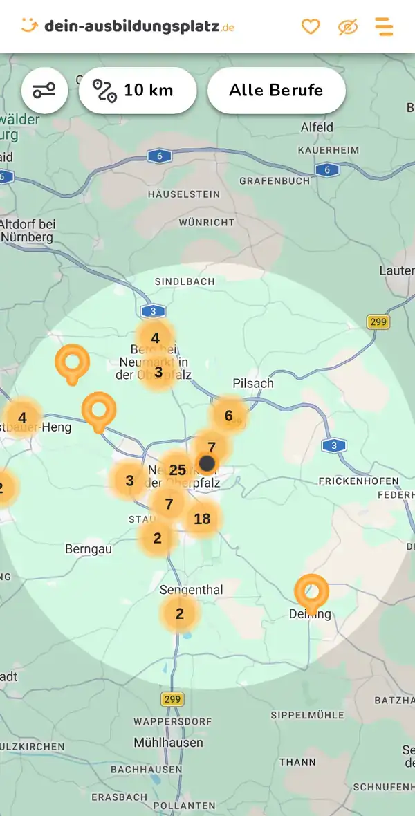 Karte von dein-ausbildungsplatz.de: Ausbildungsbetriebe im Umkreis von 10 km um 92318 Neumarkt in der Oberpfalz