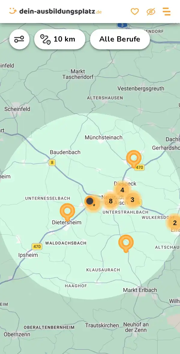 Karte von dein-ausbildungsplatz.de: Ausbildungsbetriebe im Umkreis von 10 km um 91413 Neustadt an der Aisch