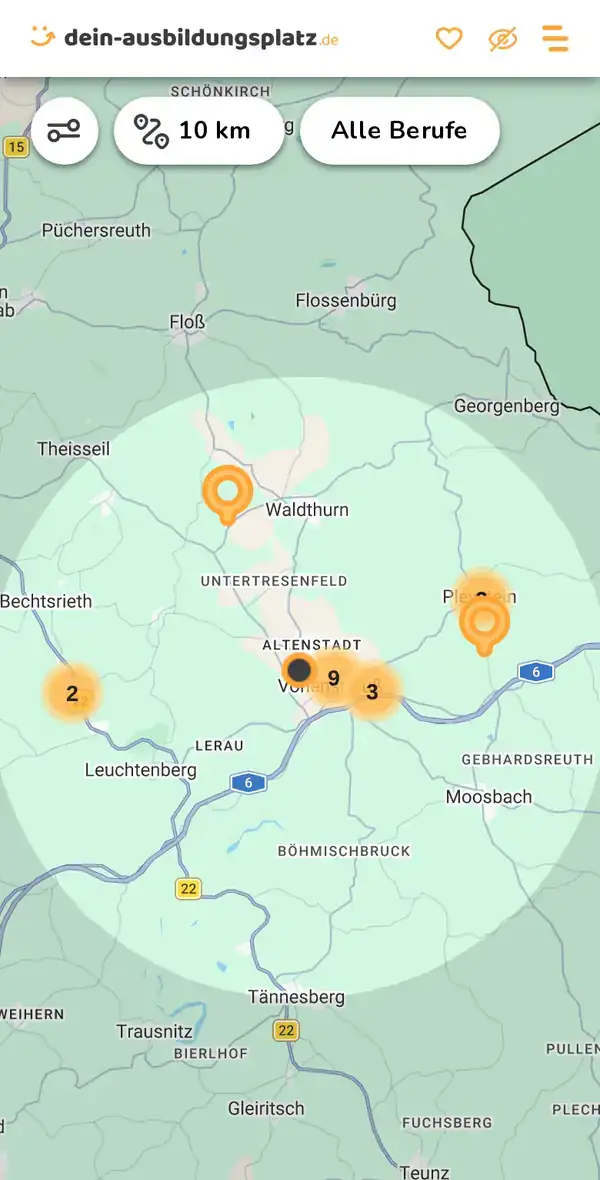 Karte von dein-ausbildungsplatz.de: Ausbildungsbetriebe im Umkreis von 10 km um 92648 Vohenstrauß