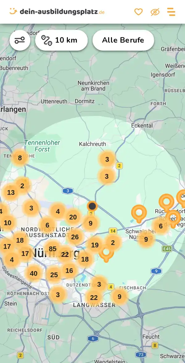 Karte von dein-ausbildungsplatz.de: Ausbildungsbetriebe im Umkreis von 10 km um 90411 Nürnberg