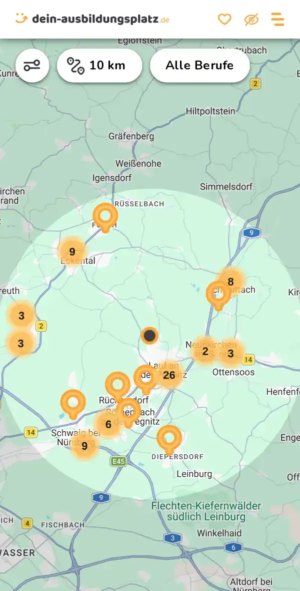 Karte von dein-ausbildungsplatz.de: Ausbildungsbetriebe im Umkreis von 10 km um 91207 Lauf an der Pegnitz