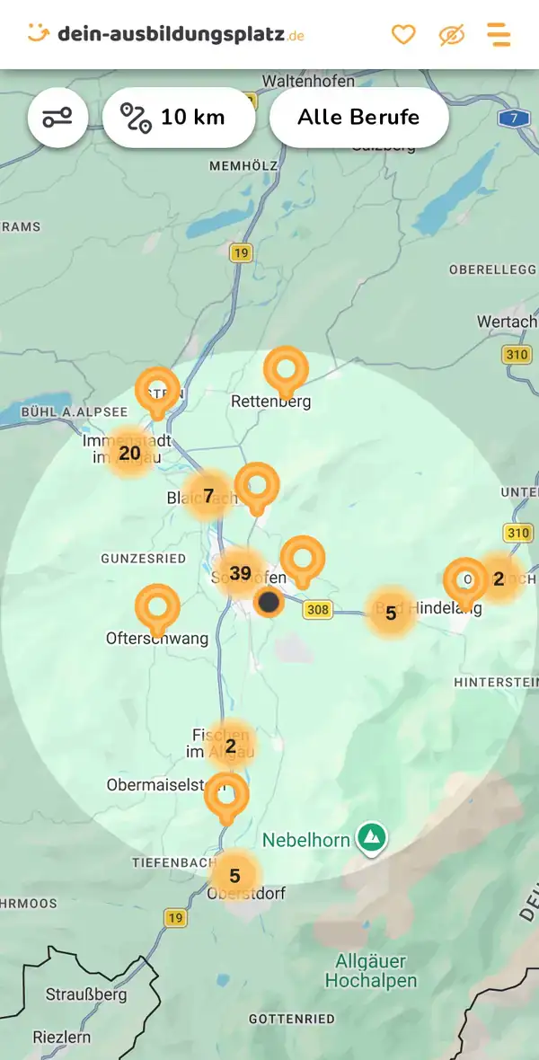 Karte von dein-ausbildungsplatz.de: Ausbildungsbetriebe im Umkreis von 10 km um 87527 Ofterschwang