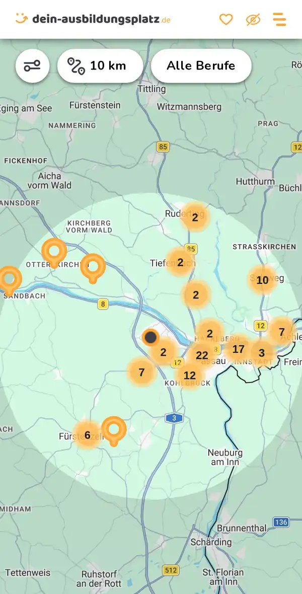 Karte von dein-ausbildungsplatz.de: Ausbildungsbetriebe im Umkreis von 10 km um 94036 Passau