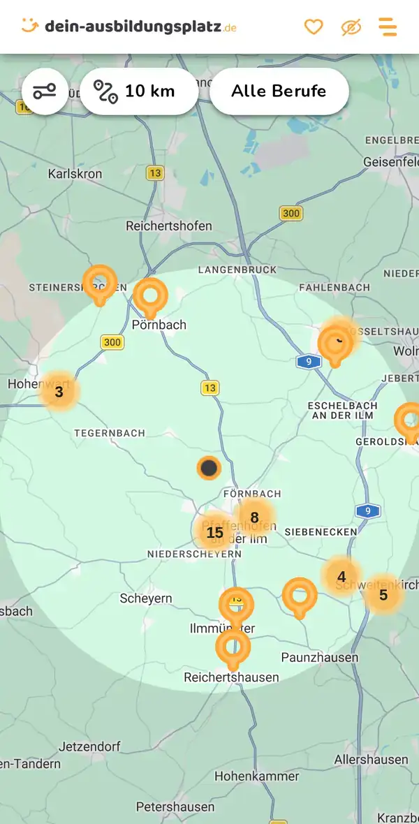 Karte von dein-ausbildungsplatz.de: Ausbildungsbetriebe im Umkreis von 10 km um 85276 Hettenshausen