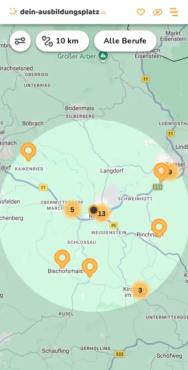 Karte von dein-ausbildungsplatz.de: Ausbildungsbetriebe im Umkreis von 10 km um 94209 Regen