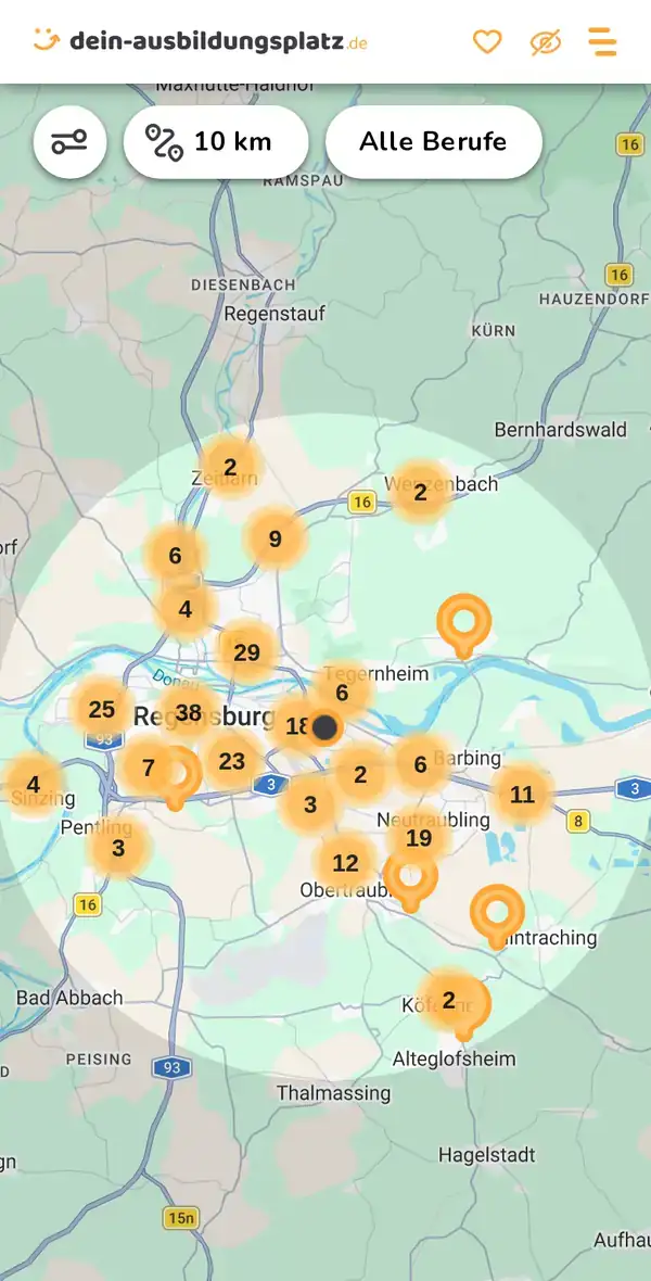 Karte von dein-ausbildungsplatz.de: Ausbildungsbetriebe im Umkreis von 10 km um 93055 Regensburg