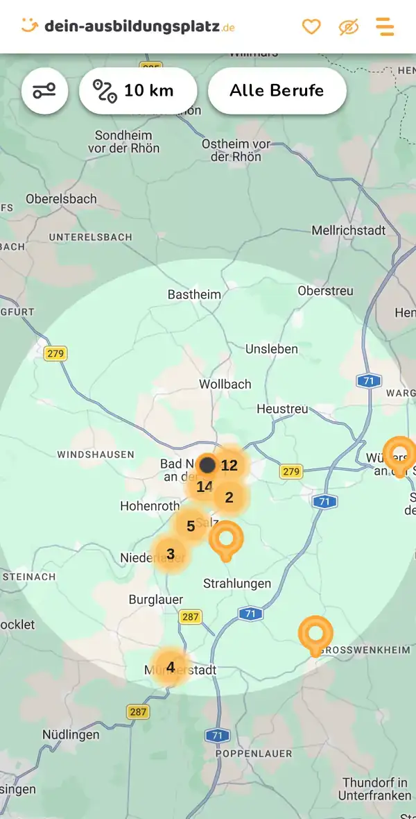 Karte von dein-ausbildungsplatz.de: Ausbildungsbetriebe im Umkreis von 10 km um 97616 Bad Neustadt an der Saale
