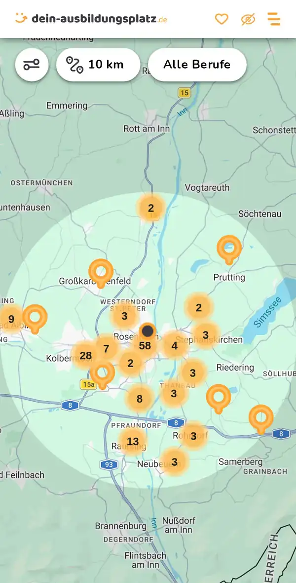 Karte von dein-ausbildungsplatz.de: Ausbildungsbetriebe im Umkreis von 10 km um 83022 Rosenheim