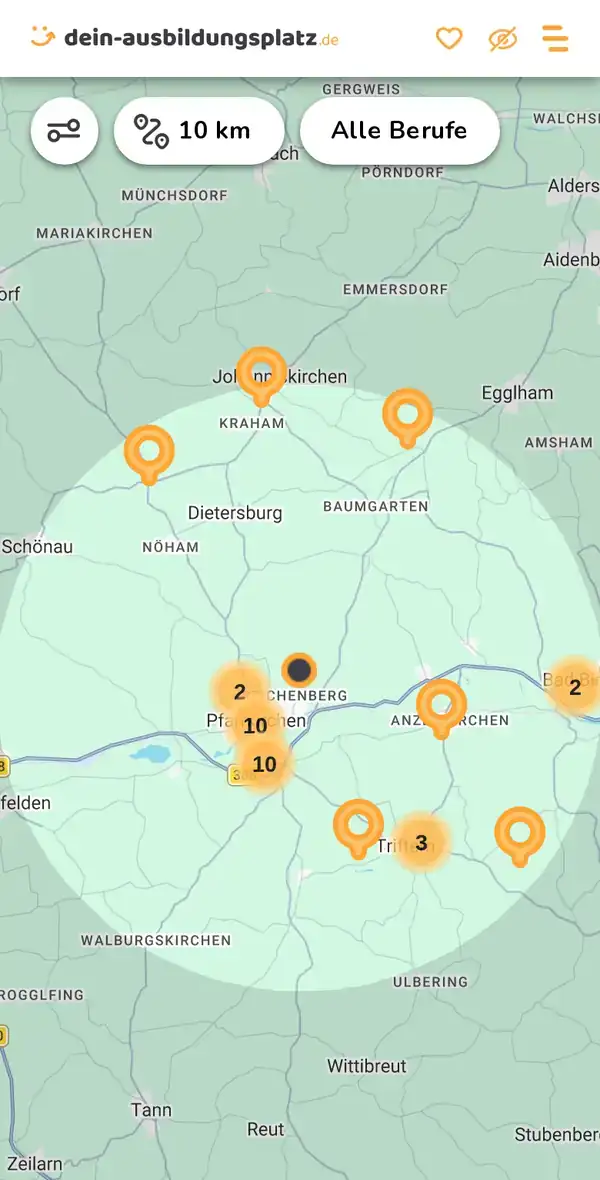 Karte von dein-ausbildungsplatz.de: Ausbildungsbetriebe im Umkreis von 10 km um 84347 Pfarrkirchen