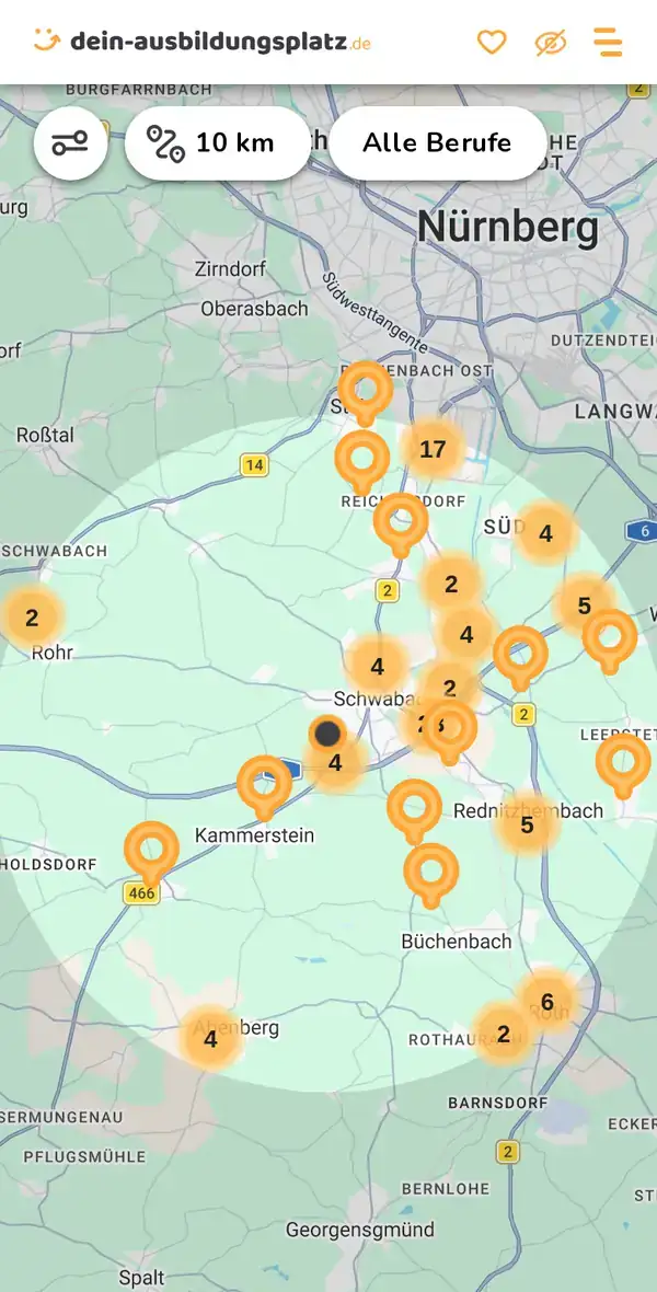 Karte von dein-ausbildungsplatz.de: Ausbildungsbetriebe im Umkreis von 10 km um 91126 Kammerstein