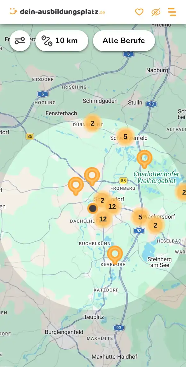 Karte von dein-ausbildungsplatz.de: Ausbildungsbetriebe im Umkreis von 10 km um 92421 Schwandorf