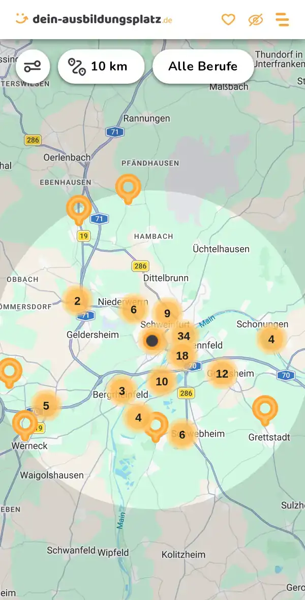 Karte von dein-ausbildungsplatz.de: Ausbildungsbetriebe im Umkreis von 10 km um 97424 Schweinfurt