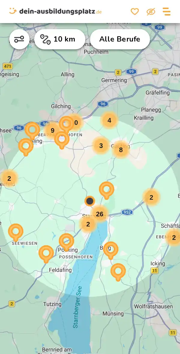 Karte von dein-ausbildungsplatz.de: Ausbildungsbetriebe im Umkreis von 10 km um 82319 Starnberg