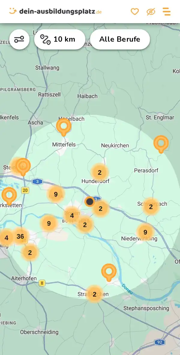 Karte von dein-ausbildungsplatz.de: Ausbildungsbetriebe im Umkreis von 10 km um 94327 Bogen