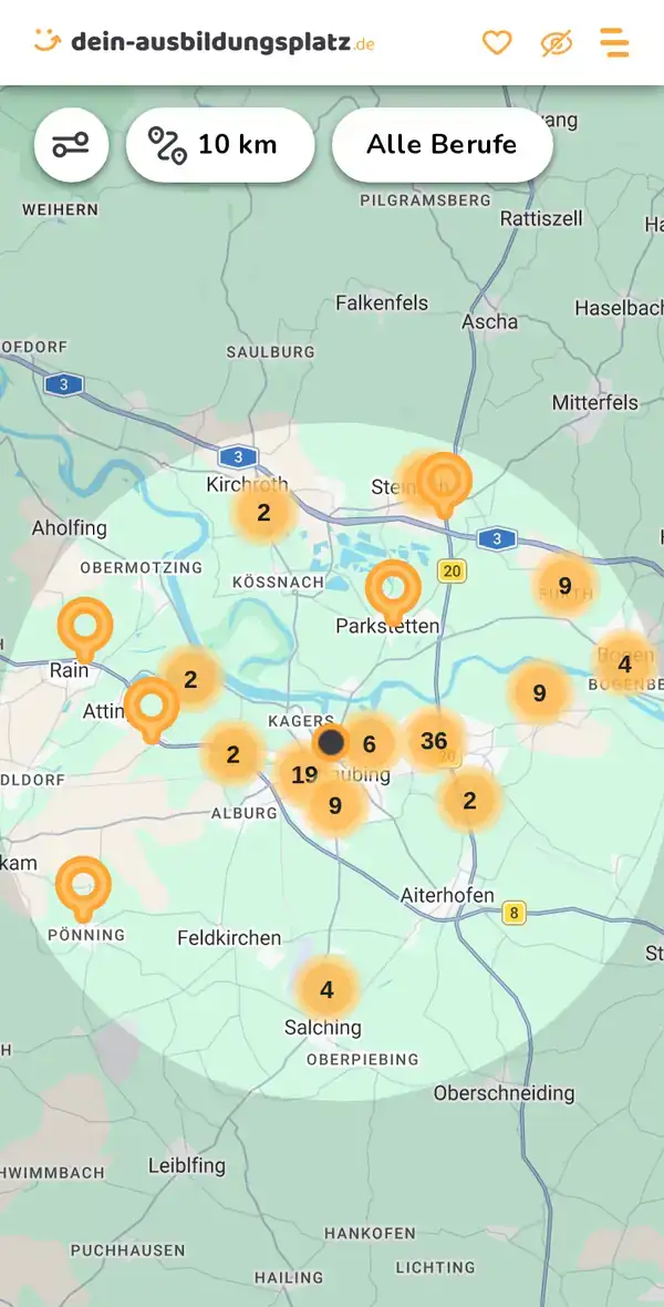 Karte von dein-ausbildungsplatz.de: Ausbildungsbetriebe im Umkreis von 10 km um 94315 Aiterhofen