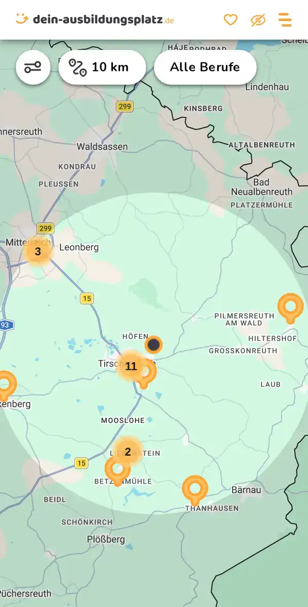 Karte von dein-ausbildungsplatz.de: Ausbildungsbetriebe im Umkreis von 10 km um 95643 Tirschenreuth
