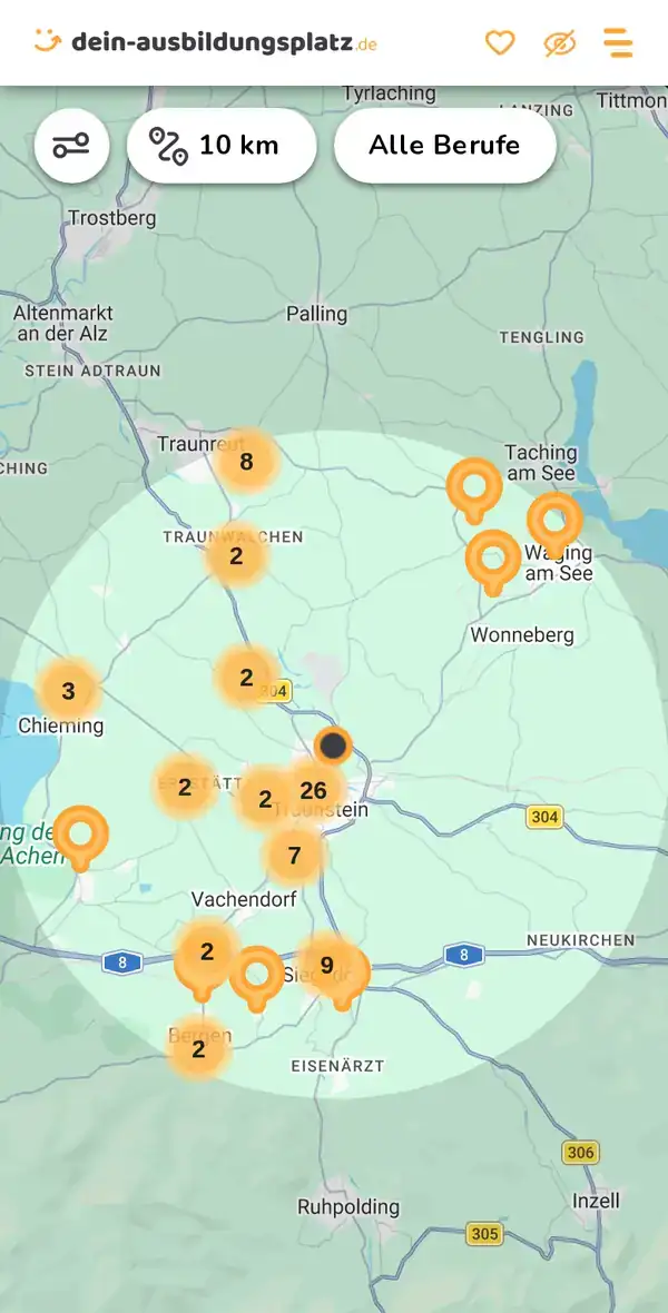 Karte von dein-ausbildungsplatz.de: Ausbildungsbetriebe im Umkreis von 10 km um 83278 Traunstein