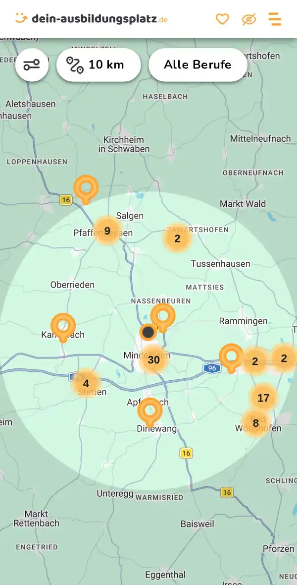 Karte von dein-ausbildungsplatz.de: Ausbildungsbetriebe im Umkreis von 10 km um 87719 Mindelheim