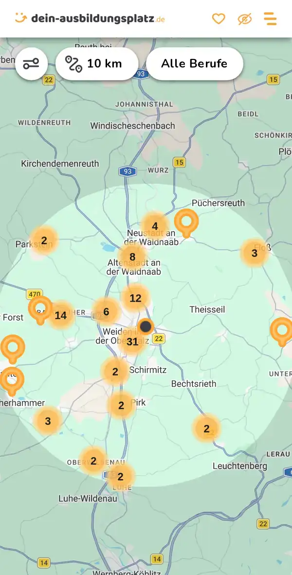 Karte von dein-ausbildungsplatz.de: Ausbildungsbetriebe im Umkreis von 10 km um 92637 Theisseil