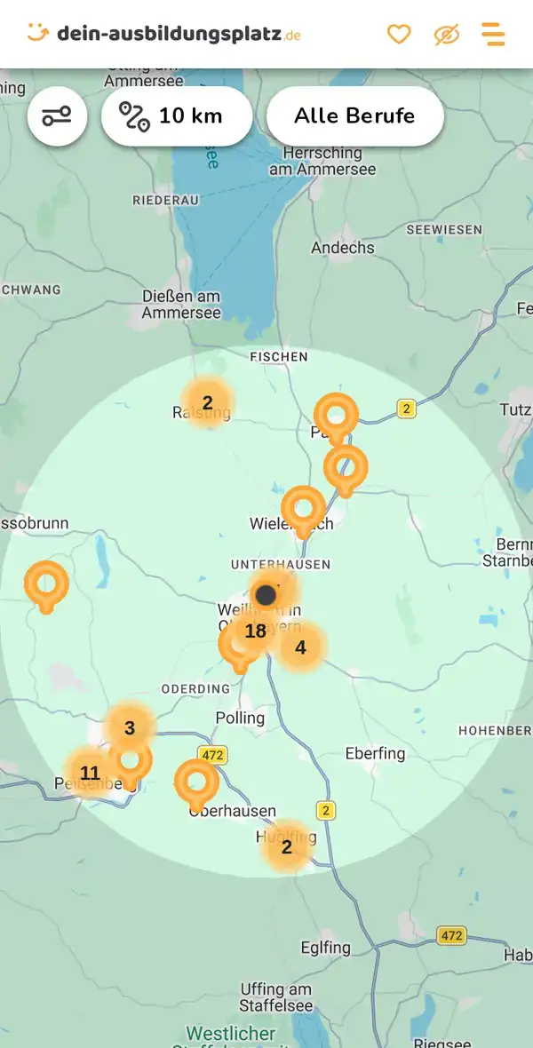Karte von dein-ausbildungsplatz.de: Ausbildungsbetriebe im Umkreis von 10 km um 82362 Weilheim in Oberbayern