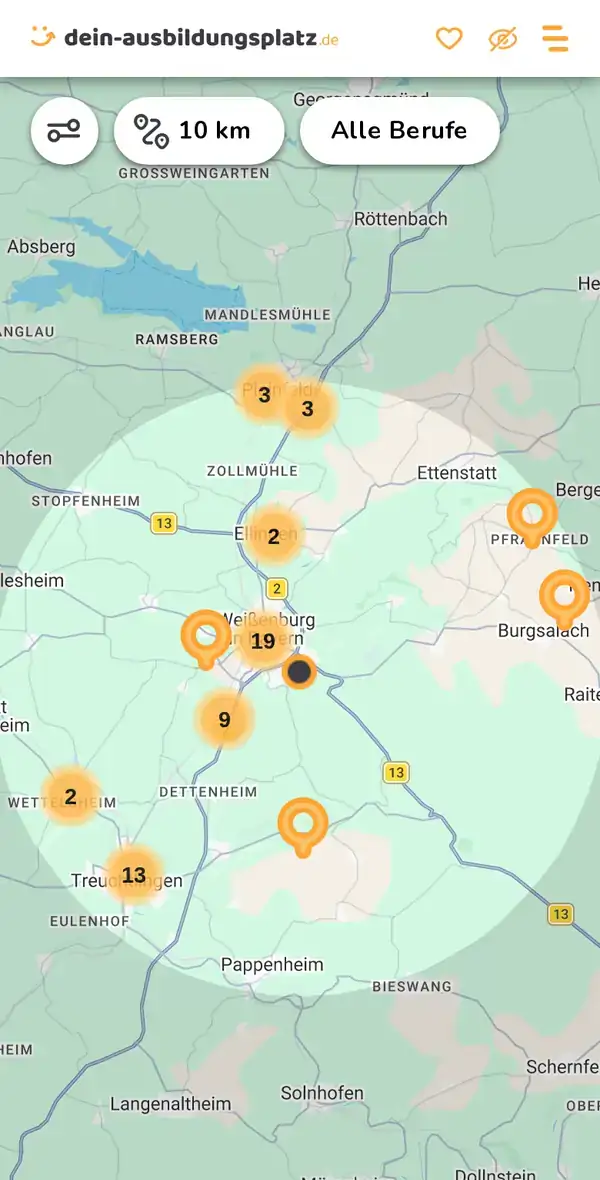 Karte von dein-ausbildungsplatz.de: Ausbildungsbetriebe im Umkreis von 10 km um 91781 Weißenburg in Bayern