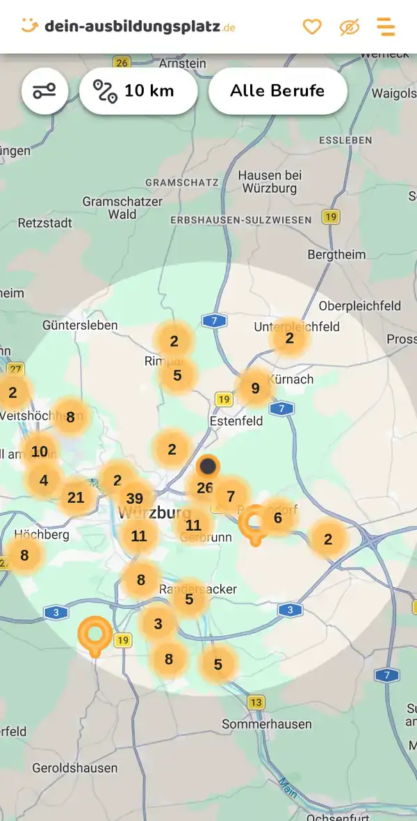 Karte von dein-ausbildungsplatz.de: Ausbildungsbetriebe im Umkreis von 10 km um 97076 Würzburg