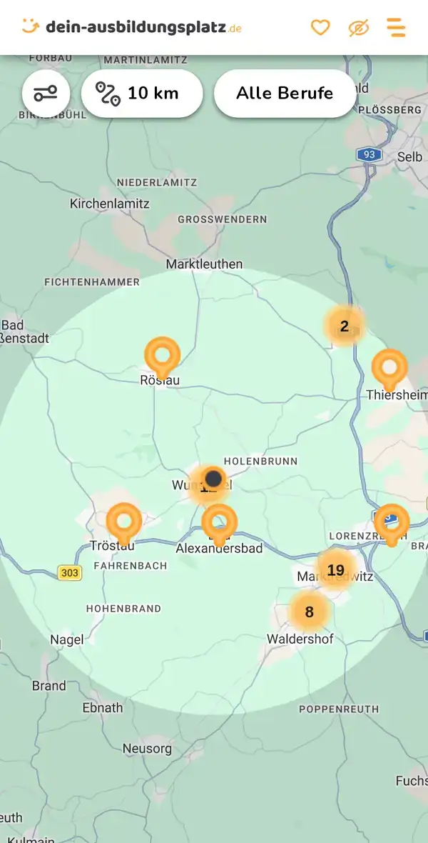 Karte von dein-ausbildungsplatz.de: Ausbildungsbetriebe im Umkreis von 10 km um 95632 Wunsiedel