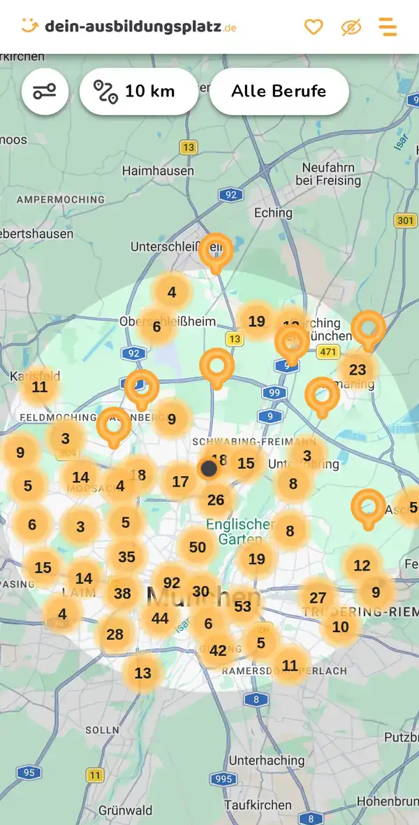 Karte von dein-ausbildungsplatz.de: Ausbildungsbetriebe im Umkreis von 10 km um 80807 München
