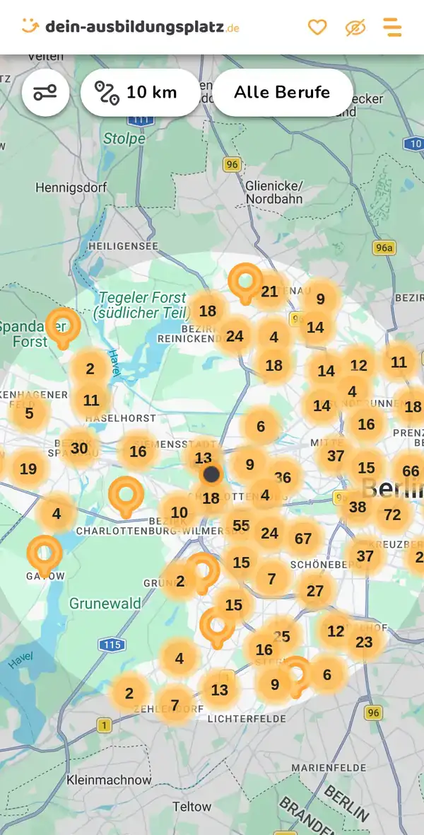 Karte von dein-ausbildungsplatz.de: Ausbildungsbetriebe im Umkreis von 10 km um 14059 Berlin