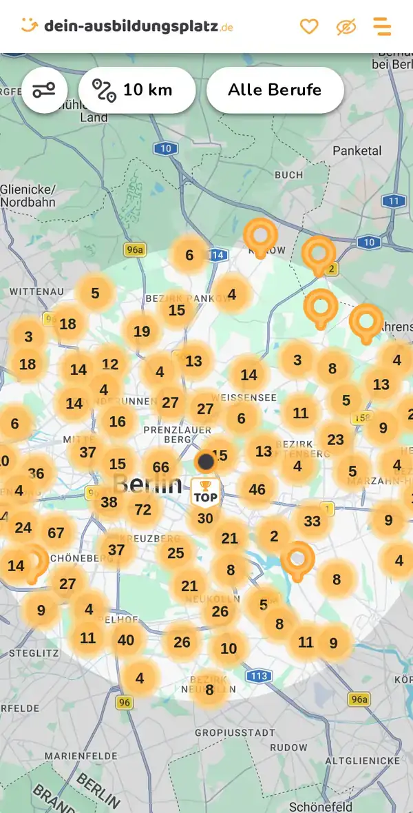 Karte von dein-ausbildungsplatz.de: Ausbildungsbetriebe im Umkreis von 10 km um 10249 Berlin