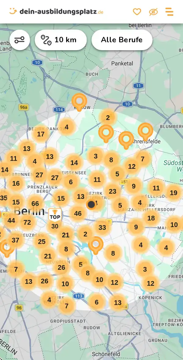 Karte von dein-ausbildungsplatz.de: Ausbildungsbetriebe im Umkreis von 10 km um 10365 Berlin