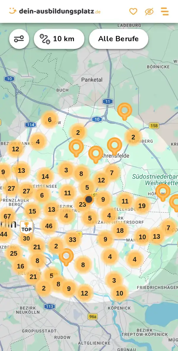 Karte von dein-ausbildungsplatz.de: Ausbildungsbetriebe im Umkreis von 10 km um 12681 Berlin