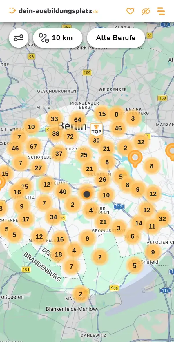 Karte von dein-ausbildungsplatz.de: Ausbildungsbetriebe im Umkreis von 10 km um 12347 Berlin
