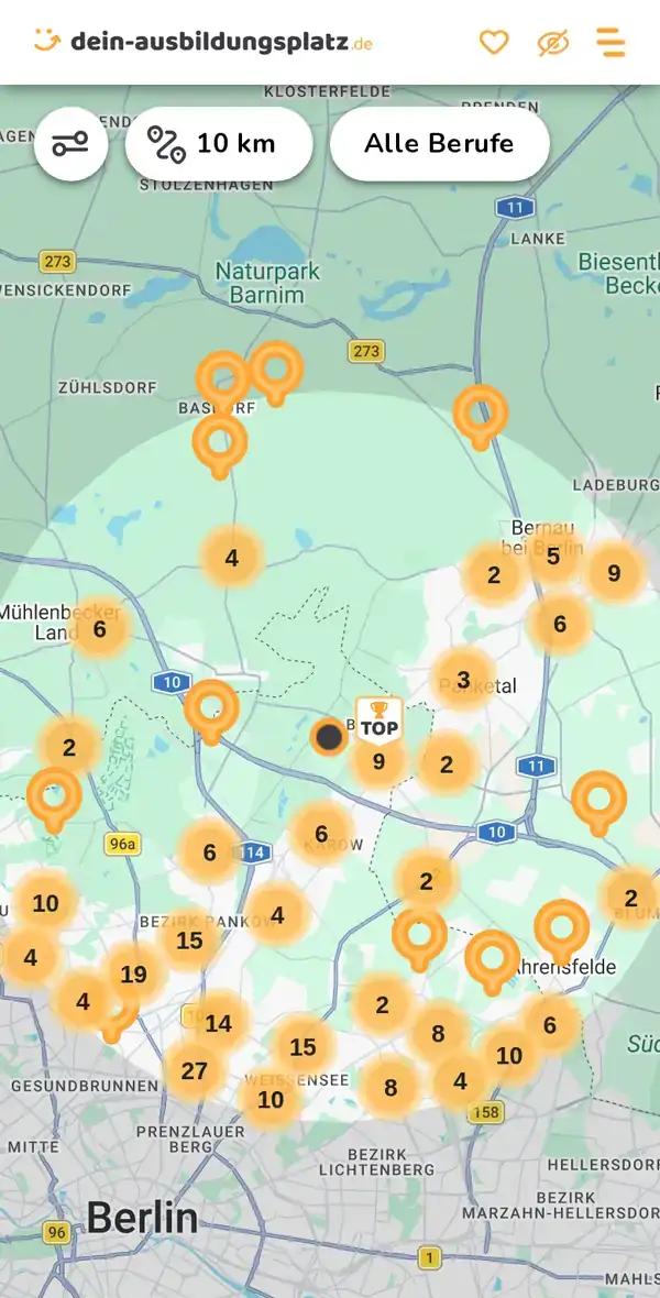 Karte von dein-ausbildungsplatz.de: Ausbildungsbetriebe im Umkreis von 10 km um 13125 Berlin