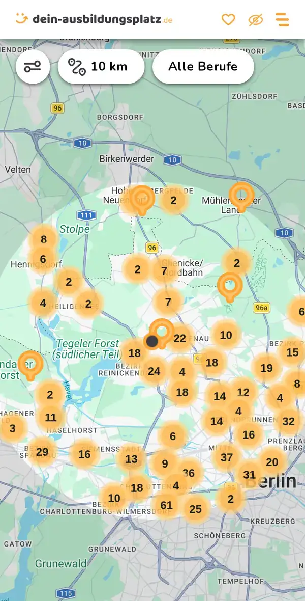 Karte von dein-ausbildungsplatz.de: Ausbildungsbetriebe im Umkreis von 10 km um 13509 Berlin