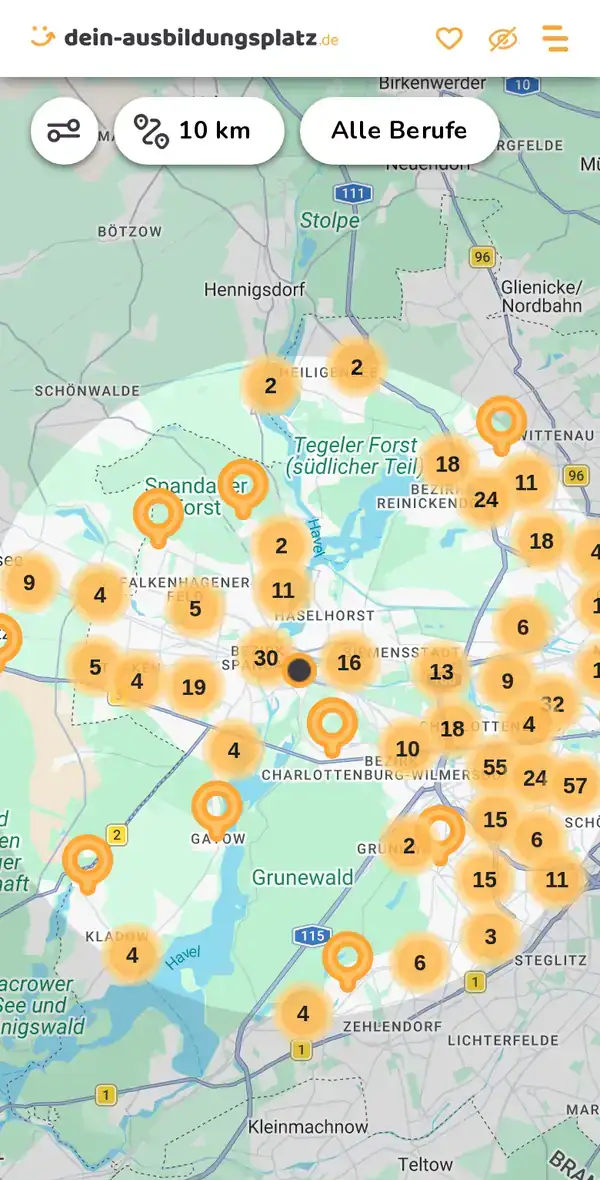 Karte von dein-ausbildungsplatz.de: Ausbildungsbetriebe im Umkreis von 10 km um 13597 Berlin