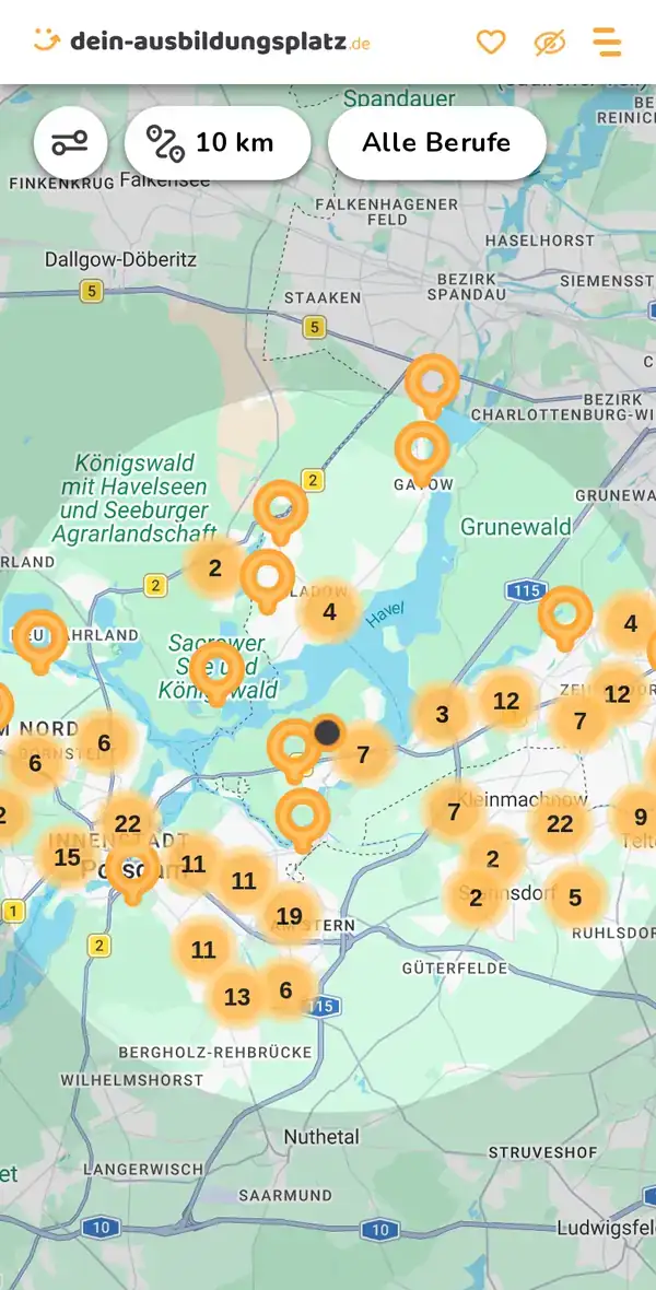 Karte von dein-ausbildungsplatz.de: Ausbildungsbetriebe im Umkreis von 10 km um 14109 Berlin