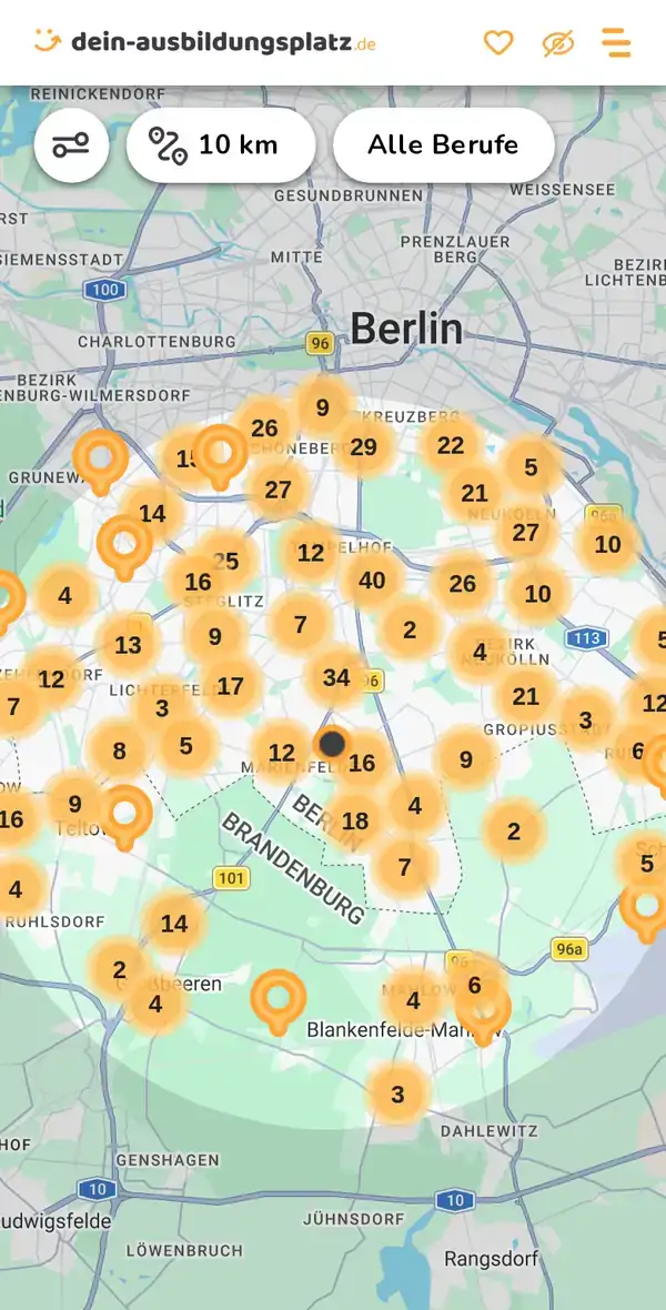 Karte von dein-ausbildungsplatz.de: Ausbildungsbetriebe im Umkreis von 10 km um 12277 Berlin
