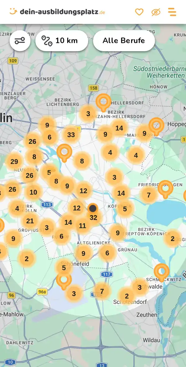 Karte von dein-ausbildungsplatz.de: Ausbildungsbetriebe im Umkreis von 10 km um 12489 Berlin