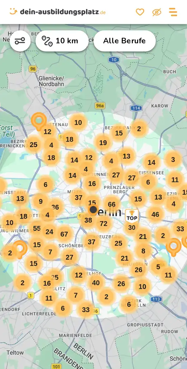 Karte von dein-ausbildungsplatz.de: Ausbildungsbetriebe im Umkreis von 10 km um 10117 Berlin