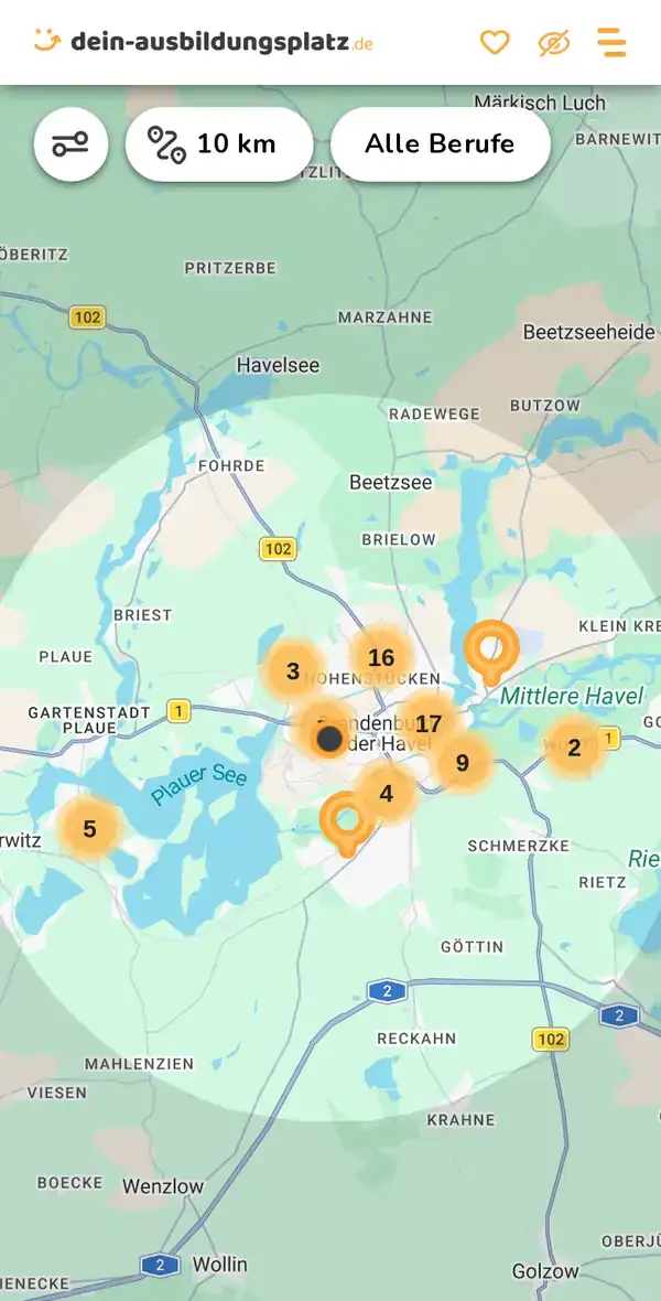 Karte von dein-ausbildungsplatz.de: Ausbildungsbetriebe im Umkreis von 10 km um 14770 Brandenburg an der Havel