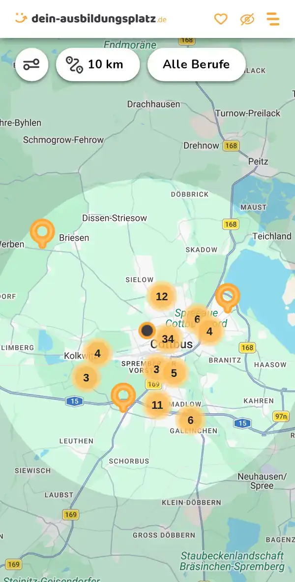 Karte von dein-ausbildungsplatz.de: Ausbildungsbetriebe im Umkreis von 10 km um 03046 Cottbus