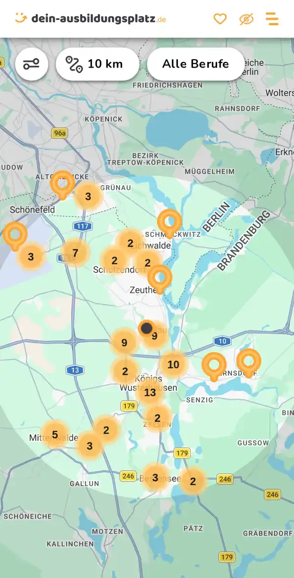 Karte von dein-ausbildungsplatz.de: Ausbildungsbetriebe im Umkreis von 10 km um 15745 Wildau